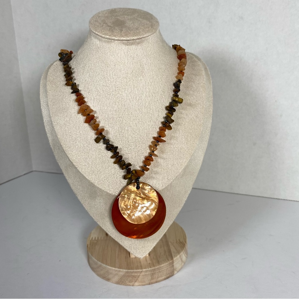 Yousi Signed Beaded Necklace & Round Two Shell Pendants With Brown & Amber Tone